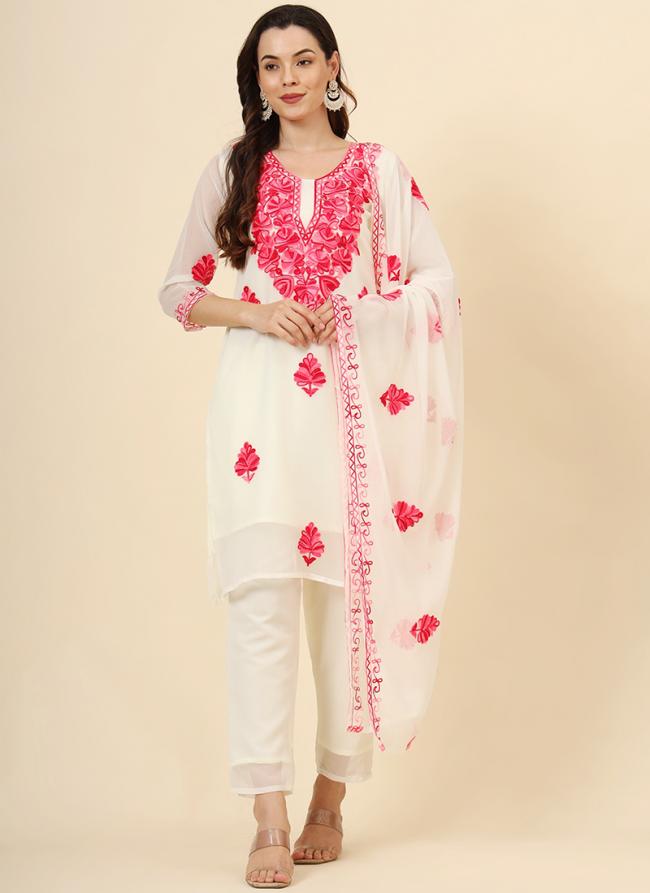 Georgette Pink Festival Wear Lucknowi Chikankari Work Readymade Kurti Set